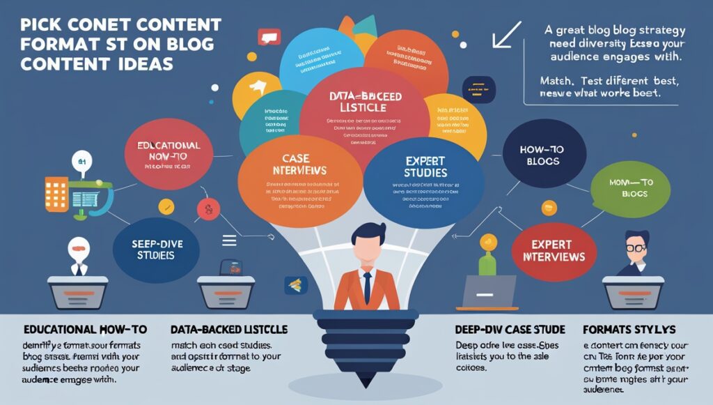 An infographic titled “Pick Content Format for Blog Content Ideas” shows a person at a desk with colorful bubbles above, featuring blog content ideas like expert interviews, listicles, how-to blogs, deep-dive stories, and data-backed articles.