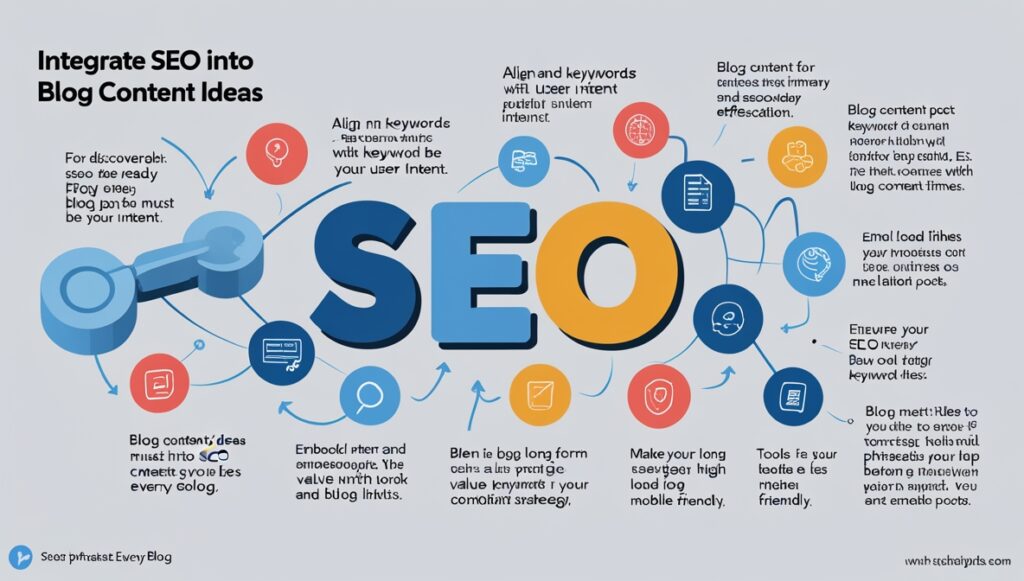 Infographic titled Integrate SEO into Blog Content Ideas with SEO in large letters. Illustrates tips and arrows for aligning Blog Content Ideas with SEO strategies, user intent, primary keywords, and making posts mobile-friendly.