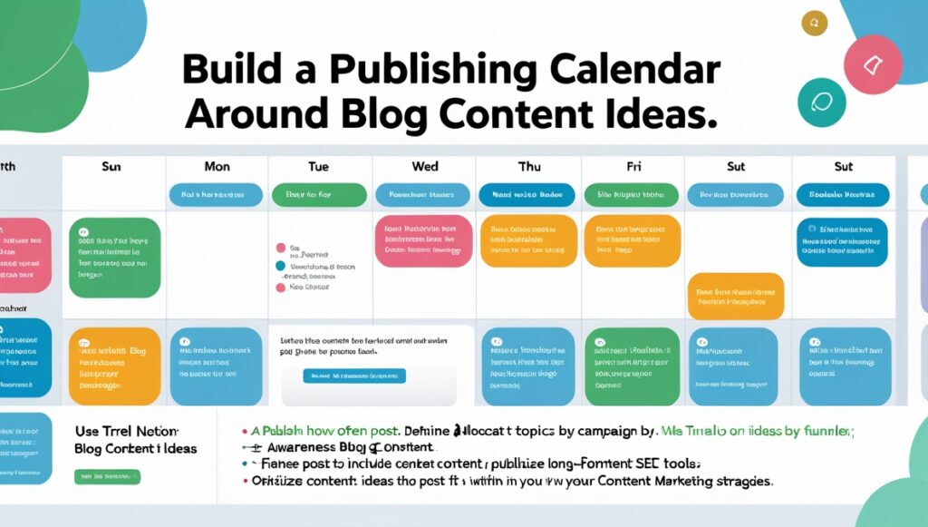 A colorful weekly publishing calendar template for Blog Content Ideas, divided by days and topics, with notes on publishing frequency, content formats, and prioritizing key posts. Text and color codes guide planning and promotion.