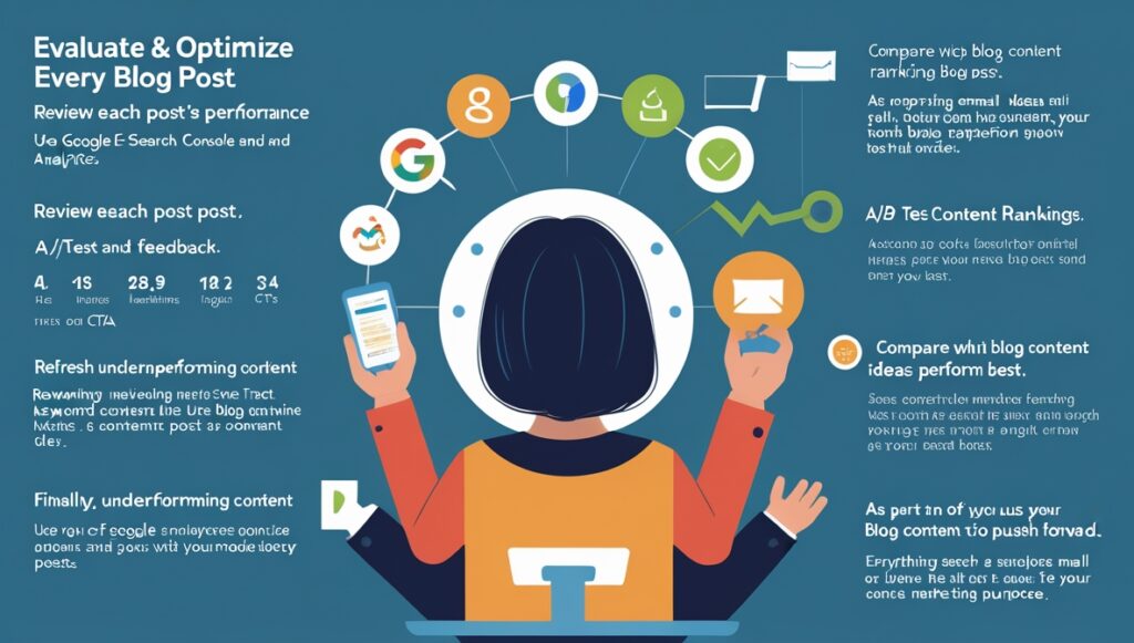 Infographic showing a person at a desk with icons for analytics and content. Tips for evaluating and optimizing Blog Content Ideas using A/B testing, feedback, performance review, reworking, and removing underperforming content are included.