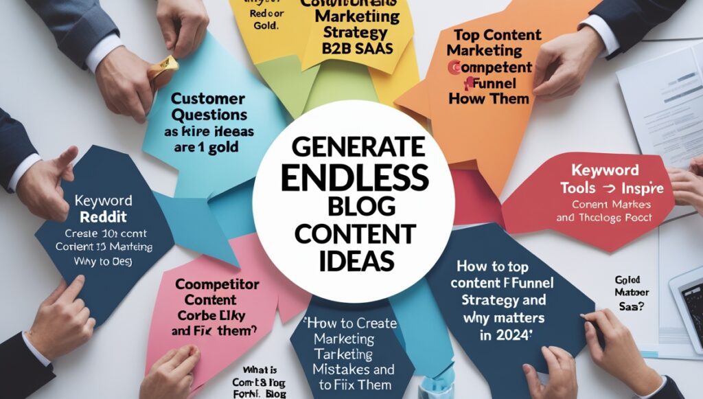 A person at a desk with a laptop, surrounded by colorful thought bubbles filled with Blog Content Ideas like customer questions, competitor analysis, and keyword strategies. Text in the center reads Generate Endless Blog Content Ideas.
