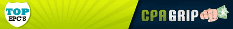A rectangular banner with TOP EPCS on a white shield on the left, yellow rays background, and CPAGRIP—known as the best CPA network—on the right with a fist holding money and promoting top CPA offers on a dark blue background.