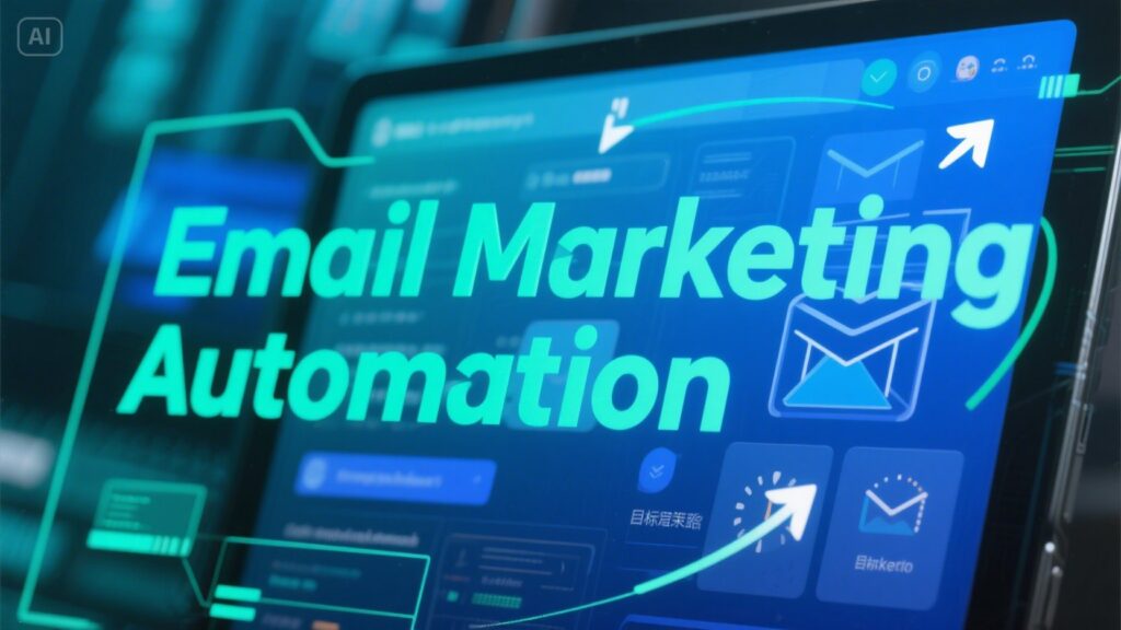 A digital screen displays the words Email Marketing Automation with envelope icons and interface elements, illustrating key steps for beginners to start automated email campaigns using modern marketing technology.