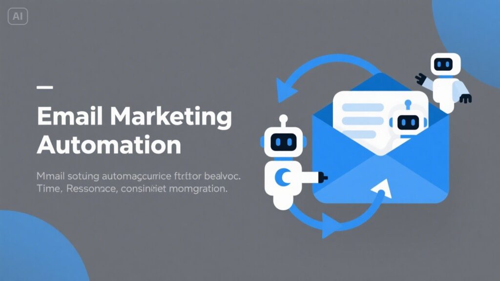 A graphic showing two robots interacting with a large blue email icon. Text reads Email Marketing Automation, highlighting the power of marketing automation, with smaller illegible placeholder text below. The background is gray with blue circular accents.