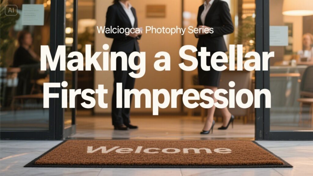 Two women in business attire stand near the entrance of a building with glass doors. A doormat reads Welcome. Text over the image says Walciogoca Photopy Series: Making a Stellar First Impression with Marketing Automation.