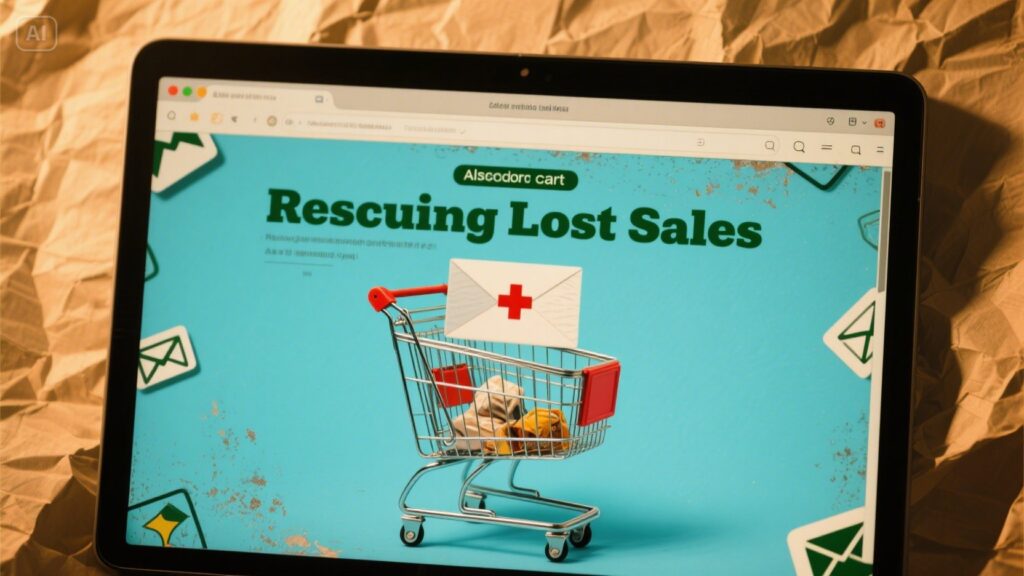 A tablet displays a webpage titled Rescuing Lost Sales with a miniature shopping cart holding an envelope marked with a red cross, symbolizing recovery through email marketing automation, on a blue background with email icons.