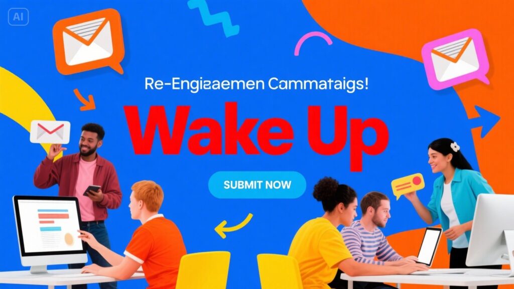 A colorful office scene with diverse people working on computers and interacting. Large text says Re-Engieaemen Cammataigs! Wake Up with a blue Submit Now button. Envelopes and arrows highlight Email Marketing Automation in the background.