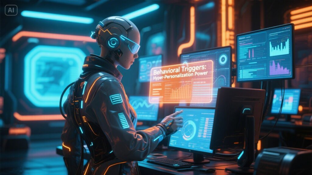 A humanoid robot in a futuristic control room interacts with digital screens displaying graphs, data, and the phrase “Behavioral Triggers: Hyper-Personalization Power,” showcasing advanced email marketing automation.