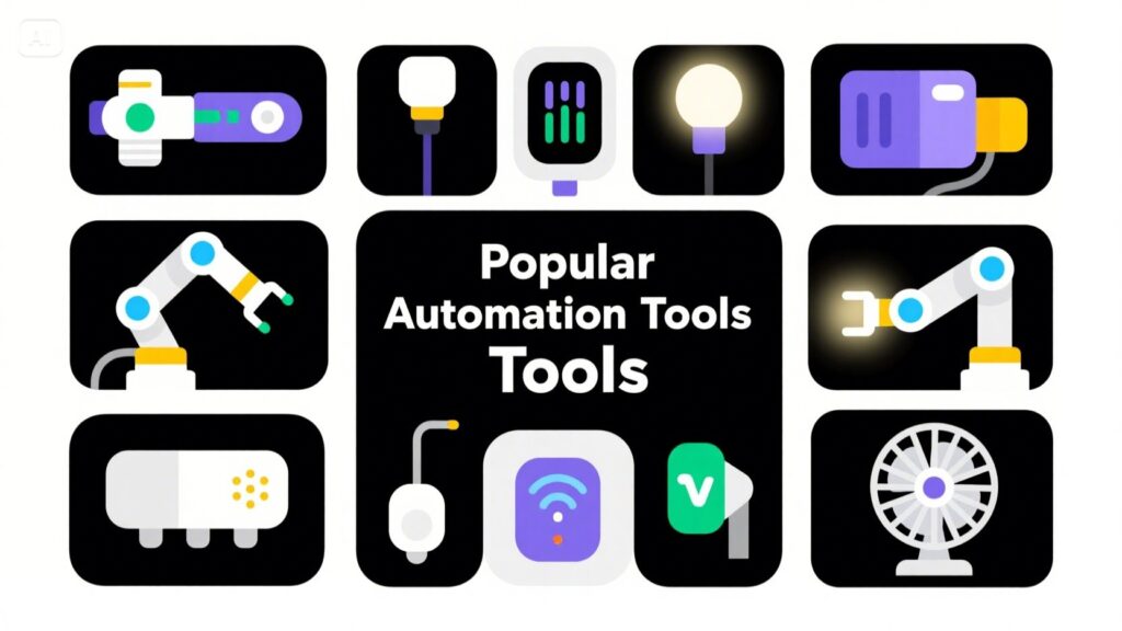 A graphic showing icons of various automation tools, including robotic arms, smart plugs, light bulbs, sensors, and other devices—plus symbols for Marketing Automation—with the text Popular Automation Tools in the center.