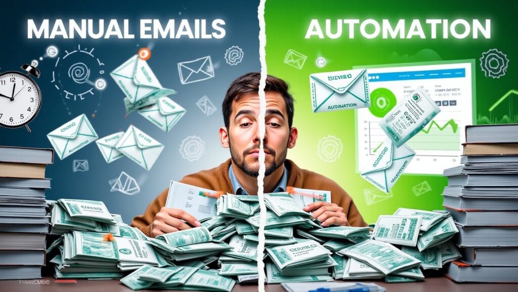 A split image shows a stressed man buried in paperwork under Manual Emails on the left, and a relaxed version of him with automated charts and fewer mails—thanks to Marketing Automation—on the right.