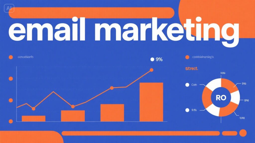 A blue and orange graphic showcasing an Email Marketing Strategy, with a line and bar chart on the left and a donut chart on the right, illustrating growth and key marketing metrics.
