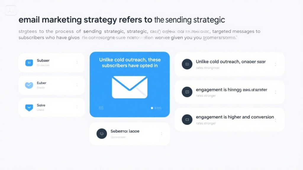 A presentation slide about Email Marketing Strategy, featuring a central blue box with an envelope icon and text, surrounded by black and white boxes with related notes. The background text is partially blurred.