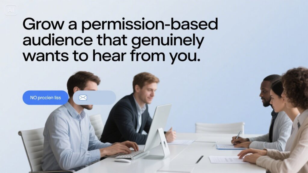 Four people sit at a conference table with laptops, having a meeting. On the left, a blue email notification appears. Text reads: Grow a permission-based audience with an Email Marketing Strategy that ensures your message is welcomed.