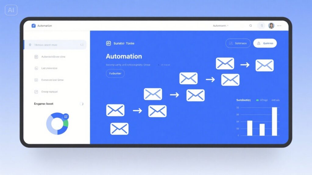 A computer screen displays an automation dashboard showcasing an Email Marketing Strategy, with envelope icons arranged in sequence, graphs, charts, and menu options on the left. The dominant colors are blue and white.