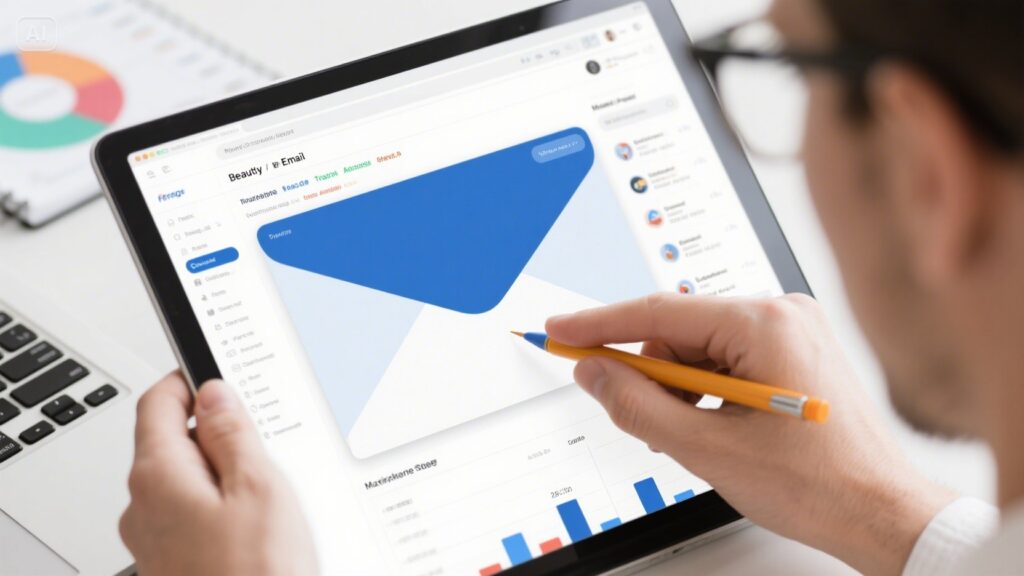 A person holding a pencil uses a tablet displaying an email application, featuring a large envelope icon and various analytical charts and data—highlighting the essentials of an effective Email Marketing Strategy.