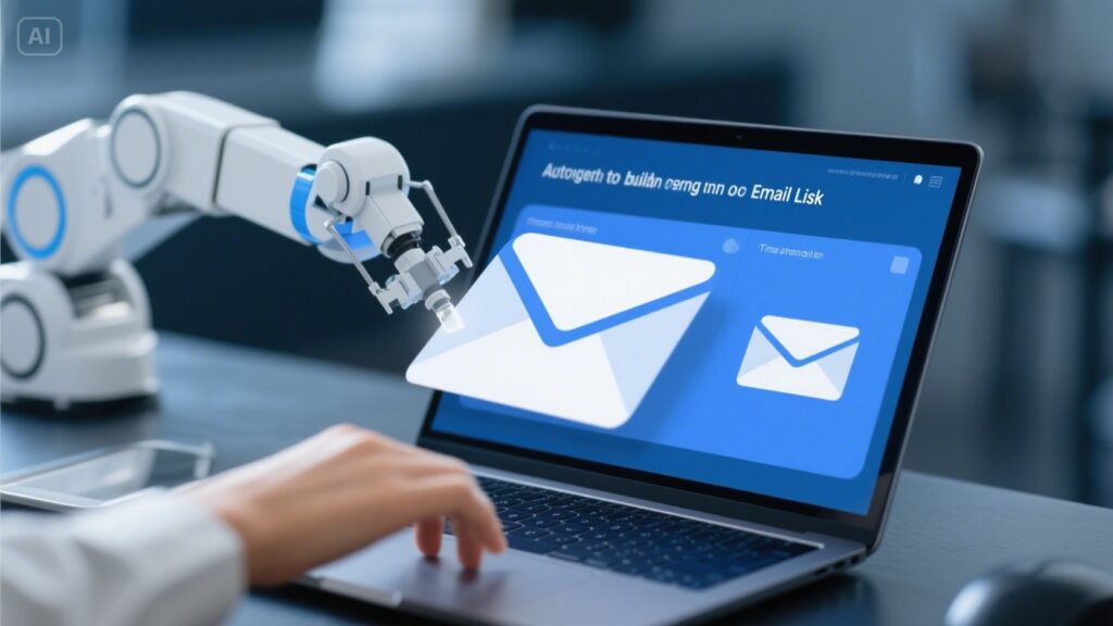 A robotic arm interacts with a laptop displaying large digital envelope icons, symbolizing an email marketing strategy and automation, while a persons hand types on the keyboard. The screen shows text related to building an email list.