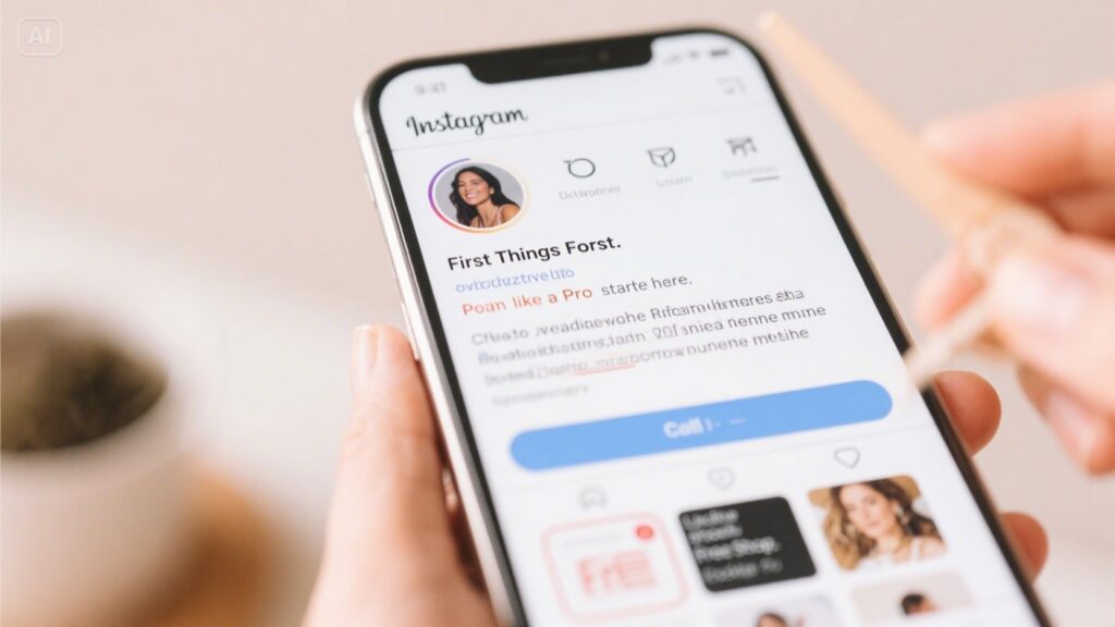 A person holding a smartphone displaying an Instagram profile with a profile photo, username, bio, and posts uses a light-colored stylus; in the background, a blurry plant appears—perfect for showcasing simple strategies to get followers.