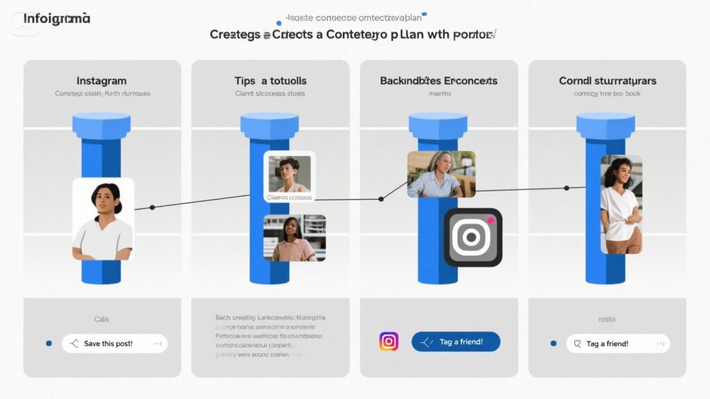 A flowchart in Catalan explaining content creation for Instagram. Four columns show steps: Instagram post, sharing tips, simple strategies to get followers, and summarizing Instagram tips, with images and icons illustrating each stage.