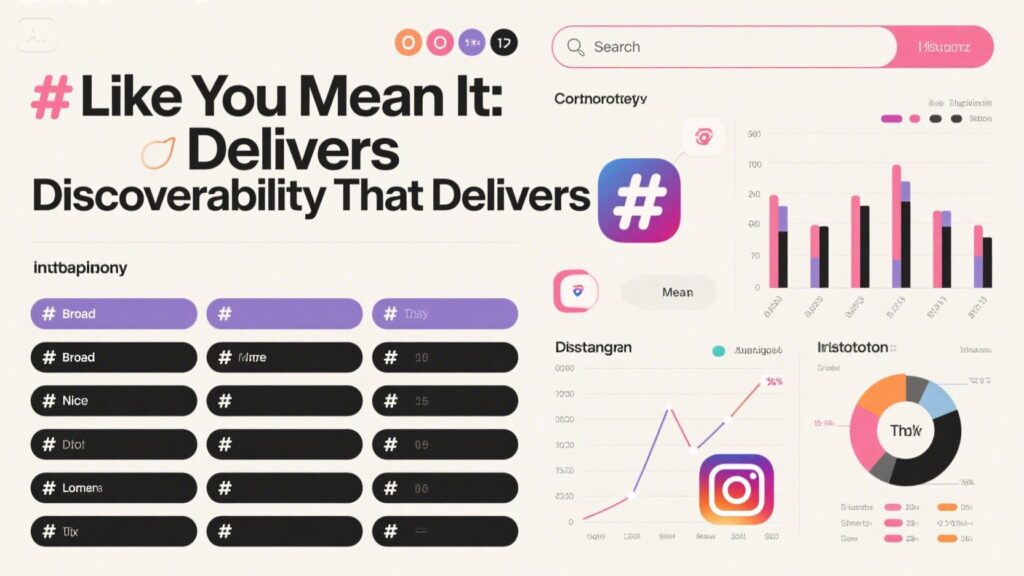 A digital dashboard displays hashtag analytics, charts, and graphs with metrics on discoverability. The main heading reads “# Like You Mean It: Delivers Discoverability That Delivers.” Widgets share Instagram tips and strategies to help you get followers.