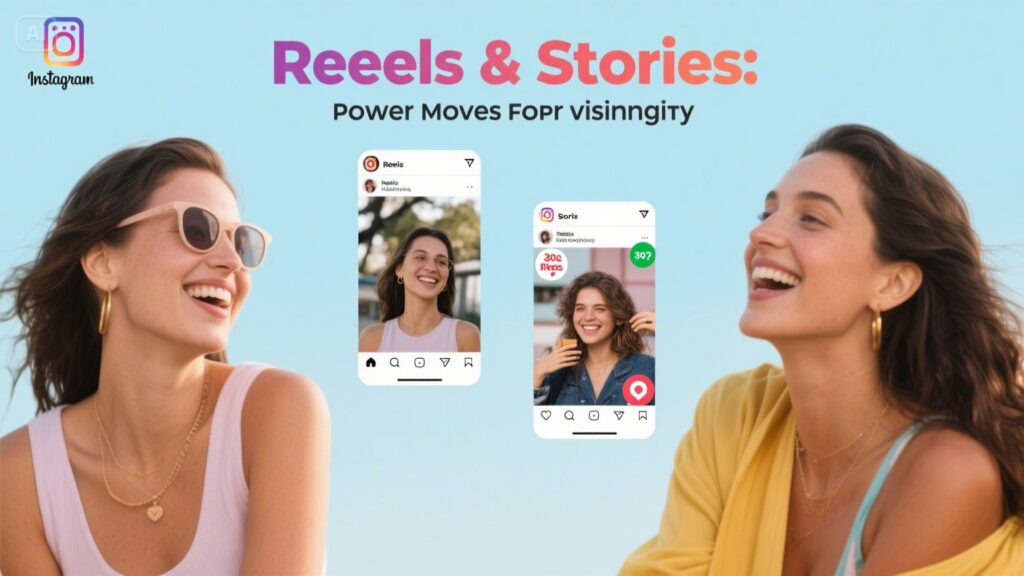 Two women smiling, with Instagram posts featuring their photos displayed between them. The text reads Reels & Stories: Power Moves for Visibility with simple strategies and Instagram tips. Instagram logo appears in the corner.