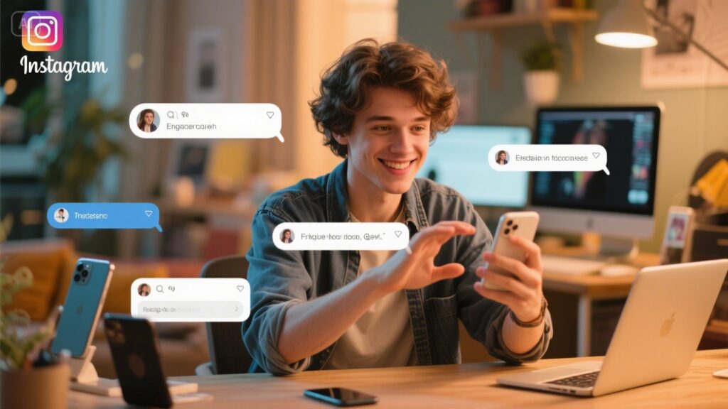A young man smiles while using his phone at a desk, surrounded by floating Instagram comment bubbles. Computers and office items in the background suggest a modern, creative workspace perfect for discovering simple strategies to get followers.