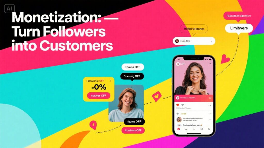 Colorful graphic with the text Monetization: Turn Followers into Customers. Features smiling women, app screens, and icons, illustrating social media engagement and Instagram strategies to convert followers into customers.