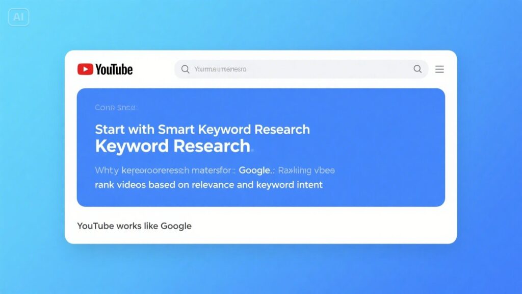 A YouTube search bar with a suggestion card below it reads: Start with Smart Keyword Research. Learn How to Optimize SEO on YouTube. Google ranks videos based on relevance and keyword intent. The background is blue.