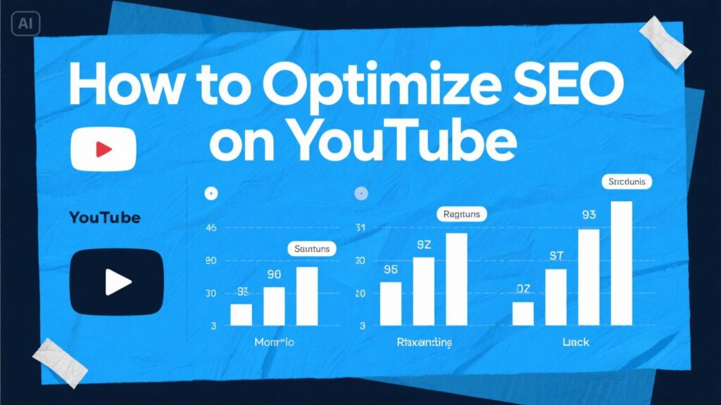 A graphic titled How to Optimize SEO on YouTube features the YouTube logo, a play button, and three bar charts labeled Morning, Relaxation, and Luck—each showing rising values demonstrating tips on how to optimize SEO on YouTube.
