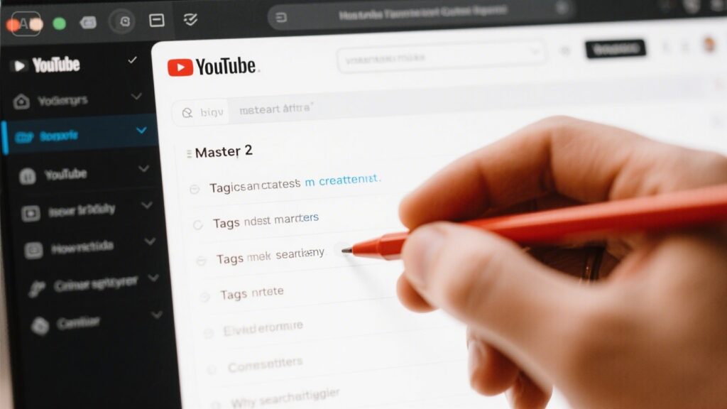A close-up of a hand holding a red pen, pointing at a computer screen displaying a YouTube page with tags under Master 2. The scene hints at learning How to Optimize SEO on YouTube, with blurred menu options and browser tabs in the background.