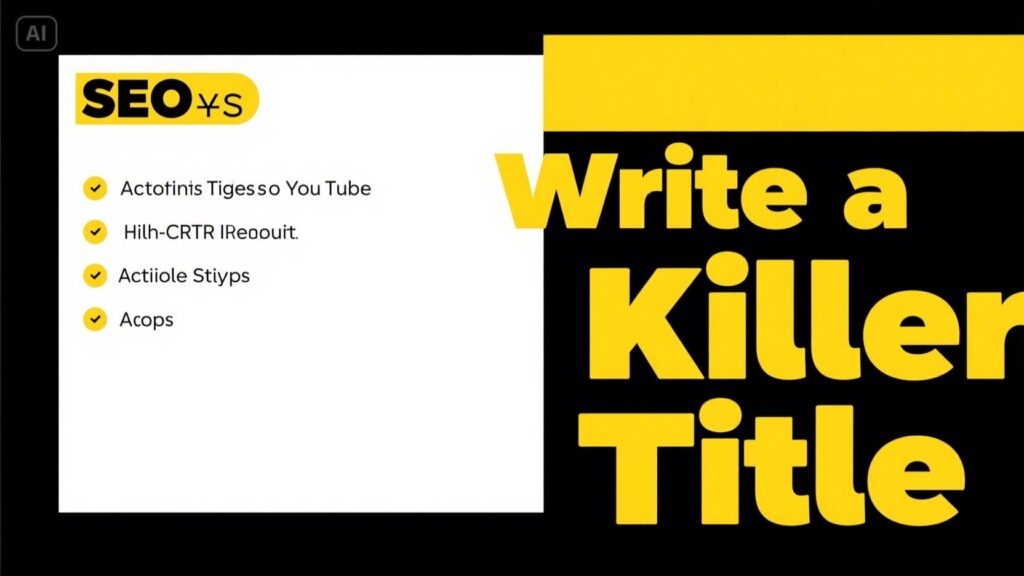 A bold slide features the title “Write a Killer Title” in large yellow text on black. On the left, a white box labeled “SEO Tips” offers five bullet points—some focusing on how to optimize SEO on YouTube, though most are jumbled.