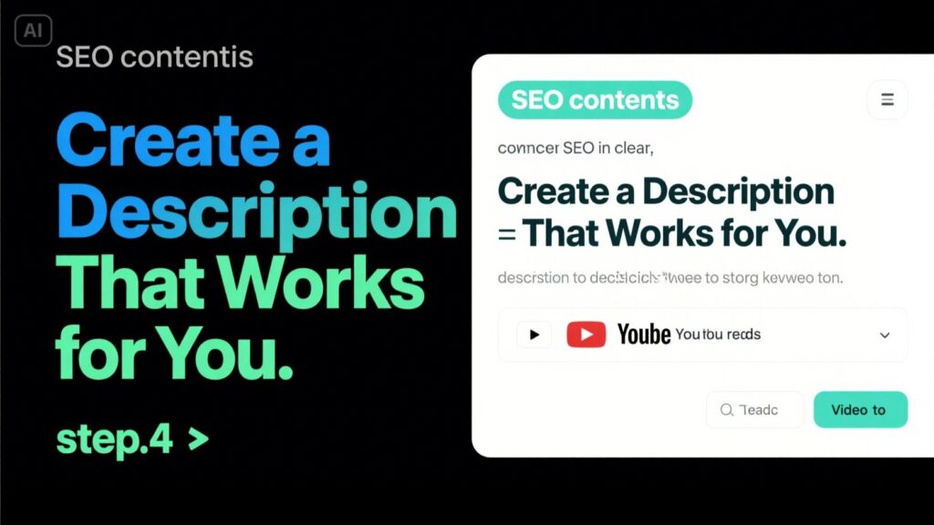 A digital graphic titled SEO contents shows step 4: Create a Description That Works for You, with a website mockup highlighting how to optimize SEO on YouTube by crafting effective descriptions for your content.