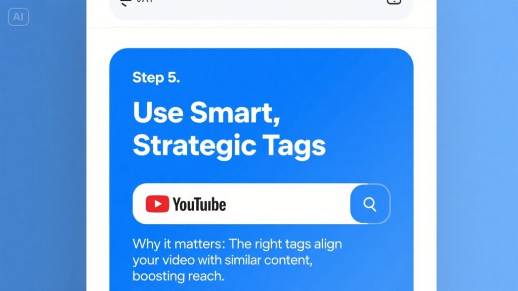 A graphic with the heading Step 5. Use Smart, Strategic Tags above a YouTube search bar. Below, it reads, Why it matters: The right tags help optimize SEO on YouTube and align your video with similar content, boosting reach, on a blue background.