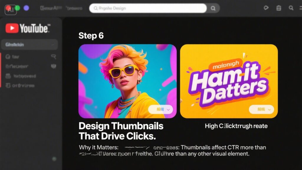 YouTube tutorial screen showing Step 6 with two thumbnails: one of a colorful person with sunglasses, and another reading Ham it Datters. Text below says, Design Thumbnails That Drive Clicks—key for How to Optimize SEO on YouTube.