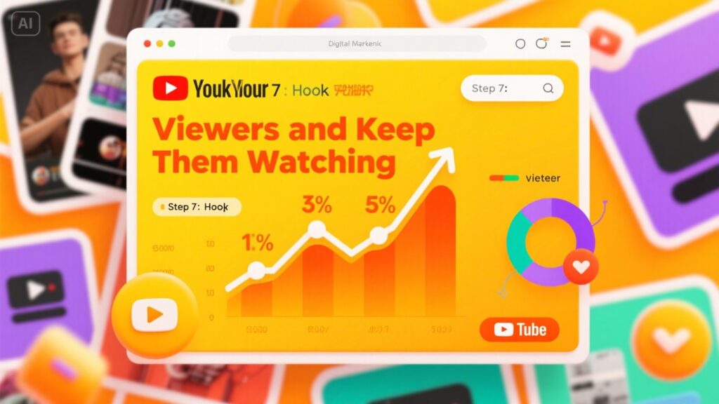 A colorful digital marketing graphic illustrates How to Optimize SEO on YouTube, featuring a YouTube dashboard with Viewers and Keep Them Watching headline, a rising orange graph, circular chart, and YouTube icons on a bright orange background.