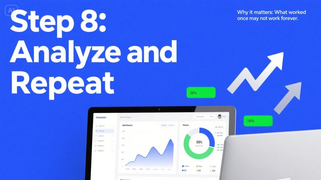 A blue background displays the text Step 8: Analyze and Repeat next to charts on a laptop, upward-pointing arrows, and percentage progress bars; a caption explains the importance of ongoing analysis when learning how to optimize SEO on YouTube.