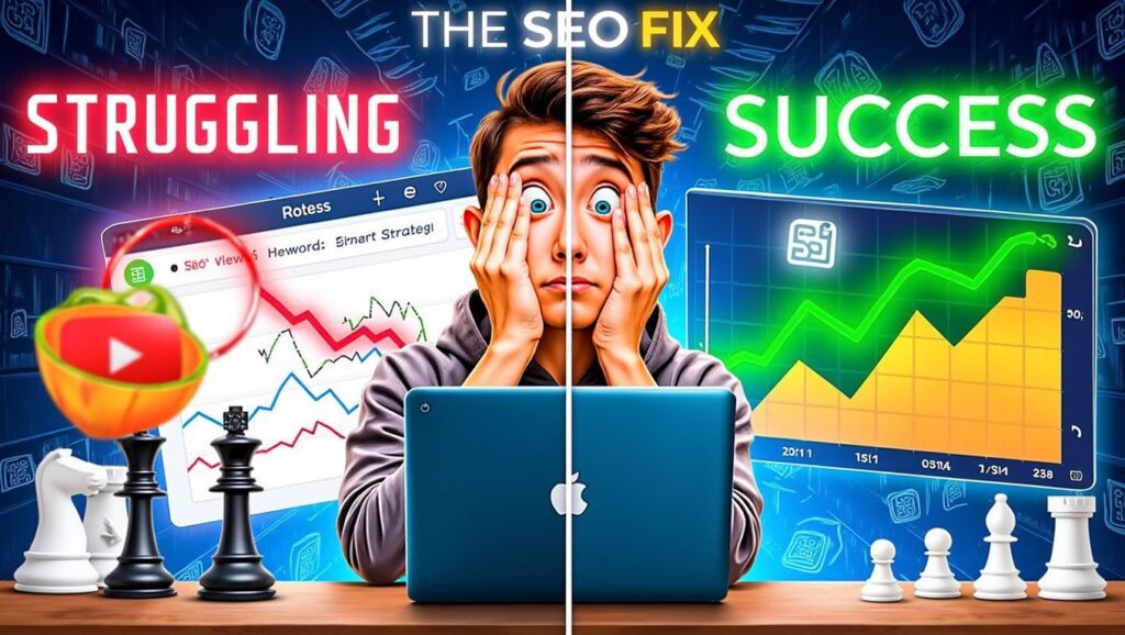 A split image shows a worried person caught between “Struggling” with declining SEO stats and dark hues, and “Success” with rising SEO stats, bright colors, chess pieces, and charts—illustrating how to optimize SEO on YouTube for better results.