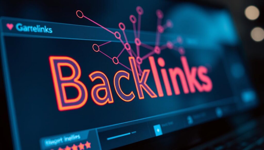 A close-up shot of a stylized website with a bold, neon-lit "Backlinks" text prominently displayed in the foreground. The website interface is sleek and modern, with various interconnected nodes and lines representing backlink relationships. The background is blurred and hazy, conveying a sense of depth and emphasis on the foreground elements. The lighting is dramatic, casting long shadows and creating a high-contrast, techno-futuristic atmosphere. The overall impression is one of a sophisticated, data-driven approach to building a strong backlink profile for improved search engine optimization.