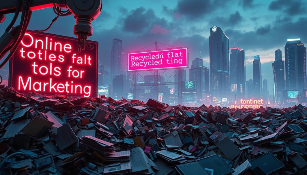 Auto content repurposing software in action with robotic arm sorting digital files in a futuristic city.