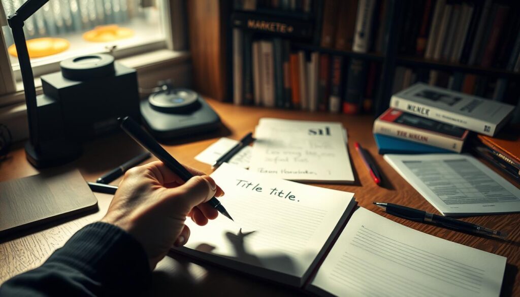 A dimly lit writer's desk, its surface scattered with carefully curated title ideas, pens, and reference materials. Soft, warm lighting casts a cozy glow, hinting at the creative process behind how to write the perfect title. In the foreground, a hand holding a pen hovers over a notebook, contemplating the perfect headline—conveying the thoughtful, meticulous nature of crafting effective, SEO-friendly titles. The background features a bookshelf filled with tomes on marketing, writing, and digital strategy, suggesting a wealth of knowledge and experience. The overall scene evokes a sense of focus, inspiration, and the art of title creation.