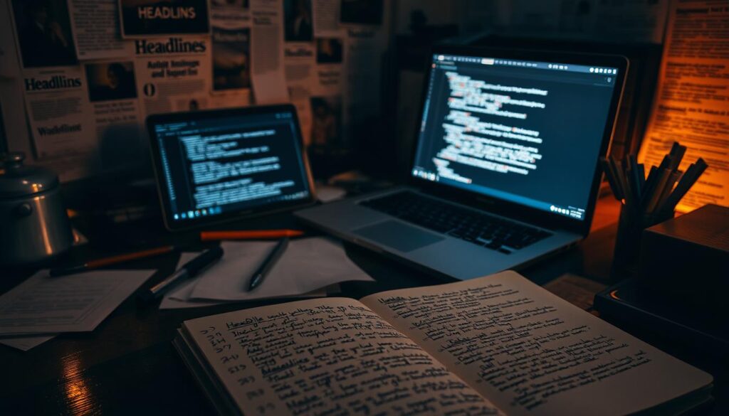 A dimly lit writer's desk, the surface covered in scattered notes, pens, and a laptop. On the screen, a text editor is open, the blinking cursor awaiting the next keystroke. Surrounding the desk, a collage of headlines, clippings, and analytics data offers insight into how to write the perfect title and create impactful headlines. Soft, warm lighting casts a pensive glow, hinting at the thoughtful process of refining and perfecting the written word. In the foreground, a well-worn notebook lies open, its pages filled with scribbled ideas and experiments—evidence of the iterative nature of headline writing. The overall scene conveys a sense of focus, creativity, and the pursuit of SEO success through the careful construction of captivating titles.