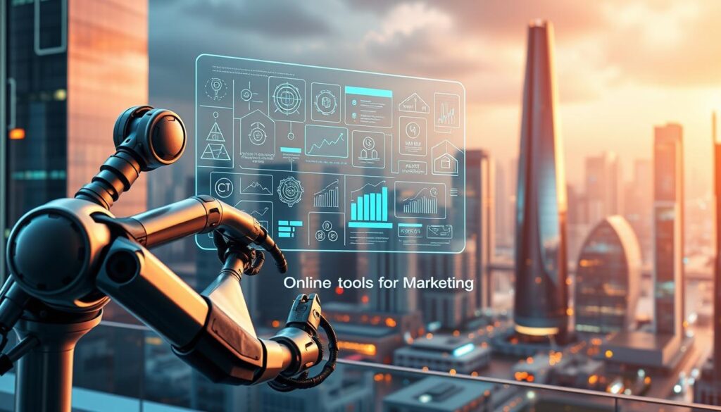 A futuristic scene of ChatGPT-powered automation. In the foreground, a sleek, metallic robotic arm operates with precision, executing complex tasks. The middle ground features a holographic display showcasing various automation workflows, algorithms, and data visualizations. In the background, a cityscape of gleaming skyscrapers and advanced technologies forms the backdrop, bathed in a warm, neon-tinged lighting. The brand "Online tools for Marketing" is seamlessly integrated into the environment, reflecting the integration of AI-powered automation into modern business operations. An atmosphere of efficiency, innovation, and technological progress pervades the scene. A futuristic scene Automated with Make and ChatGPT AI, featuring a sleek robotic arm executing tasks, a holographic display of workflows, and a neon-lit cityscape symbolizing AI-driven business innovation.