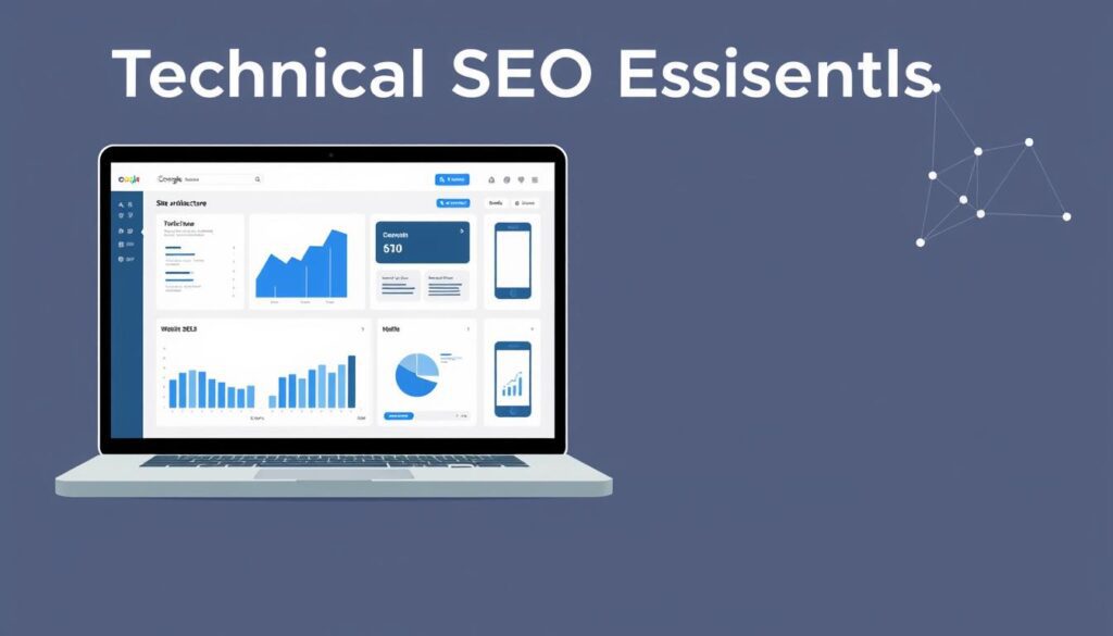 A sleek, minimalist illustration of the "Technical SEO Essentials" concept. In the foreground, a stylized laptop screen displays a web page optimization dashboard, featuring intuitive data visualizations and diagnostic tools. In the middle ground, a trio of abstract geometric shapes in shades of blue and gray represents the key pillars of technical SEO: site architecture, website speed, and mobile optimization. In the background, a subtle pattern of interconnected nodes and lines symbolizes the complex web of search engine algorithms and ranking factors. The overall tone is one of elegance, precision, and technological sophistication, conveying the importance of How to Optimize Your Website for Google search visibility.
