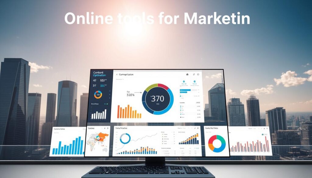 Modern desktop with auto content repurposing software, charts, and a bright city skyline.