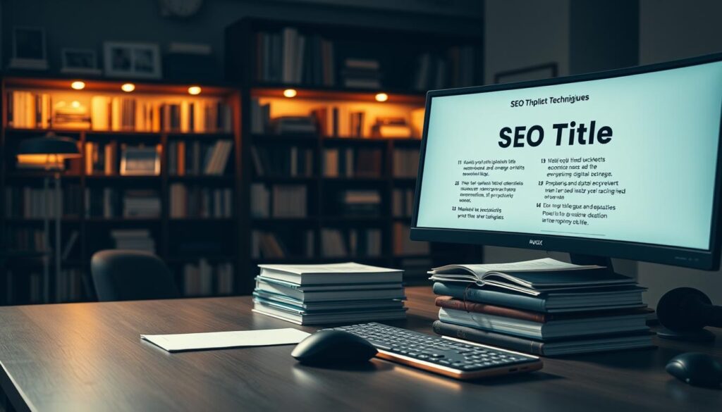 A sleek, modern desktop workspace with a large, stylish monitor displaying various SEO title optimization techniques, including tips on how to write the perfect title. In the foreground, a minimalist mouse and keyboard setup adds to the clean aesthetic. In the middle ground, a stack of reference books and neatly organized notes suggests a well-informed approach. In the background, a bookshelf filled with marketing and digital strategy resources, dimly lit by warm, focused lighting. The overall atmosphere conveys a sense of professionalism, expertise, and the thoughtful process behind crafting effective, search-optimized titles.