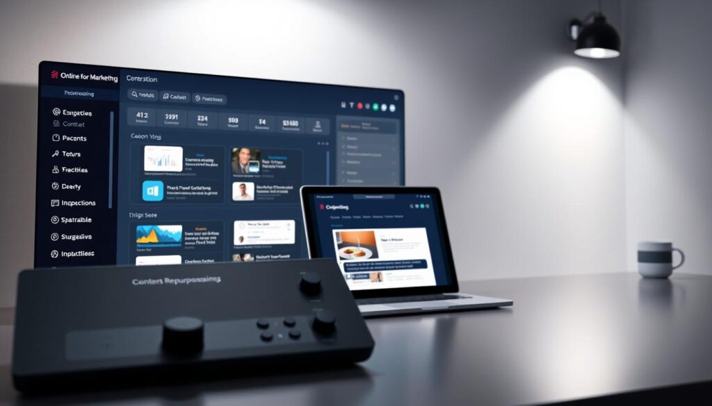 A sleek, modern software interface with an intuitive dashboard displaying content repurposing features on a laptop or tablet.