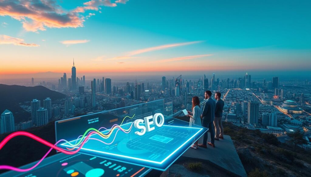 A vibrant, futuristic landscape depicting the evolving trends in search engine optimization. In the foreground, a stylized, neon-lit data visualization showcases the latest SEO metrics and insights, with bold, dynamic shapes and colors. In the middle ground, a team of digital marketers collaborates around a holographic display, analyzing website performance and strategizing for the future. In the background, a sprawling cityscape of skyscrapers and tech hubs reflects the ever-changing digital landscape, bathed in a warm, sunset glow. Captured with a wide-angle lens, the scene conveys a sense of rapid progress, innovation, and the constant need to stay ahead of the curve in the world of SEO.