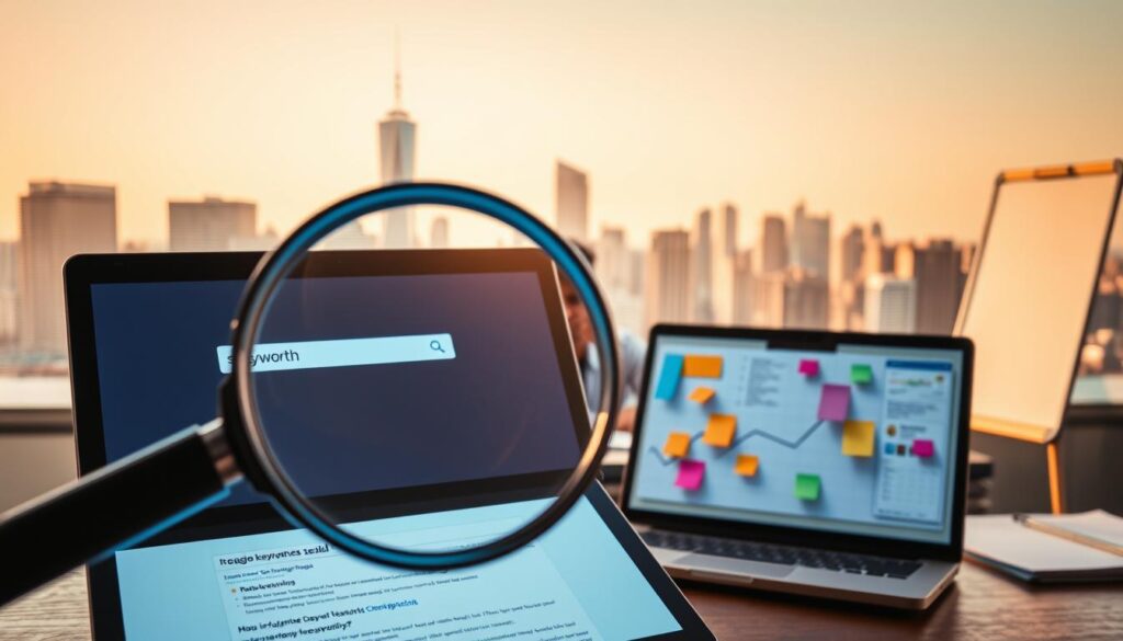 A vibrant, high-resolution image of various keyword research techniques. In the foreground, a magnifying glass hovers over a laptop screen displaying a search engine results page, highlighting the process of analyzing and selecting relevant keywords. In the middle ground, a person sitting at a desk surrounded by colorful sticky notes, charts, and a whiteboard, deep in thought as they plan their keyword strategy. In the background, a city skyline with towering buildings, representing the competitive online landscape. The scene is illuminated by warm, natural lighting, conveying a sense of focus and productivity. The overall mood is one of diligent research and strategic planning, perfectly capturing the essence of effective keyword research techniques.