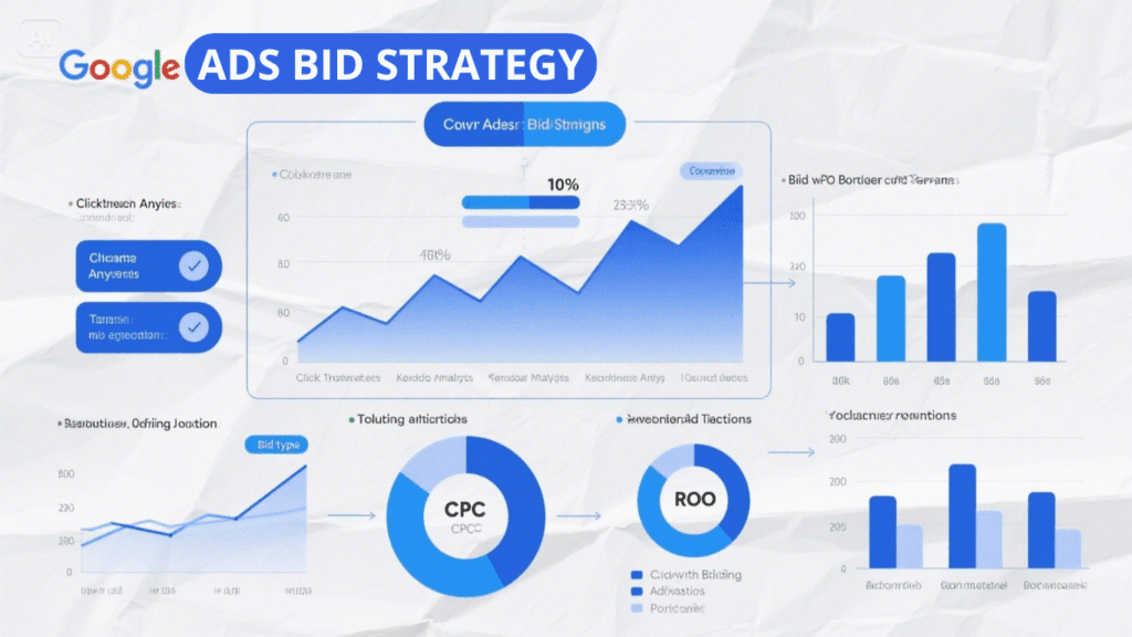 A digital dashboard titled Google Ads Bid Strategy displays multiple blue graphs, charts, and icons illustrating Google Ads Bid Strategy metrics like CPC, ROO, clickthrough analytics, bidding stats, conversion data, and location distribution.