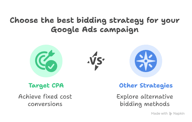 A graphic compares Google Ads Bid Strategy options: Target CPA with a green bullseye icon and “Achieve fixed cost conversions,” versus Other Strategies with a blue compass icon and “Explore alternative bidding methods.”.