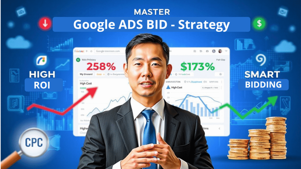 A businessman in a suit stands before Google Ads analytics charts, surrounded by icons for CPC, coins, and upward arrows labeled HIGH ROI and SMART BIDDING. The top reads: Google Ads Bid Strategy—optimize your campaigns for success.